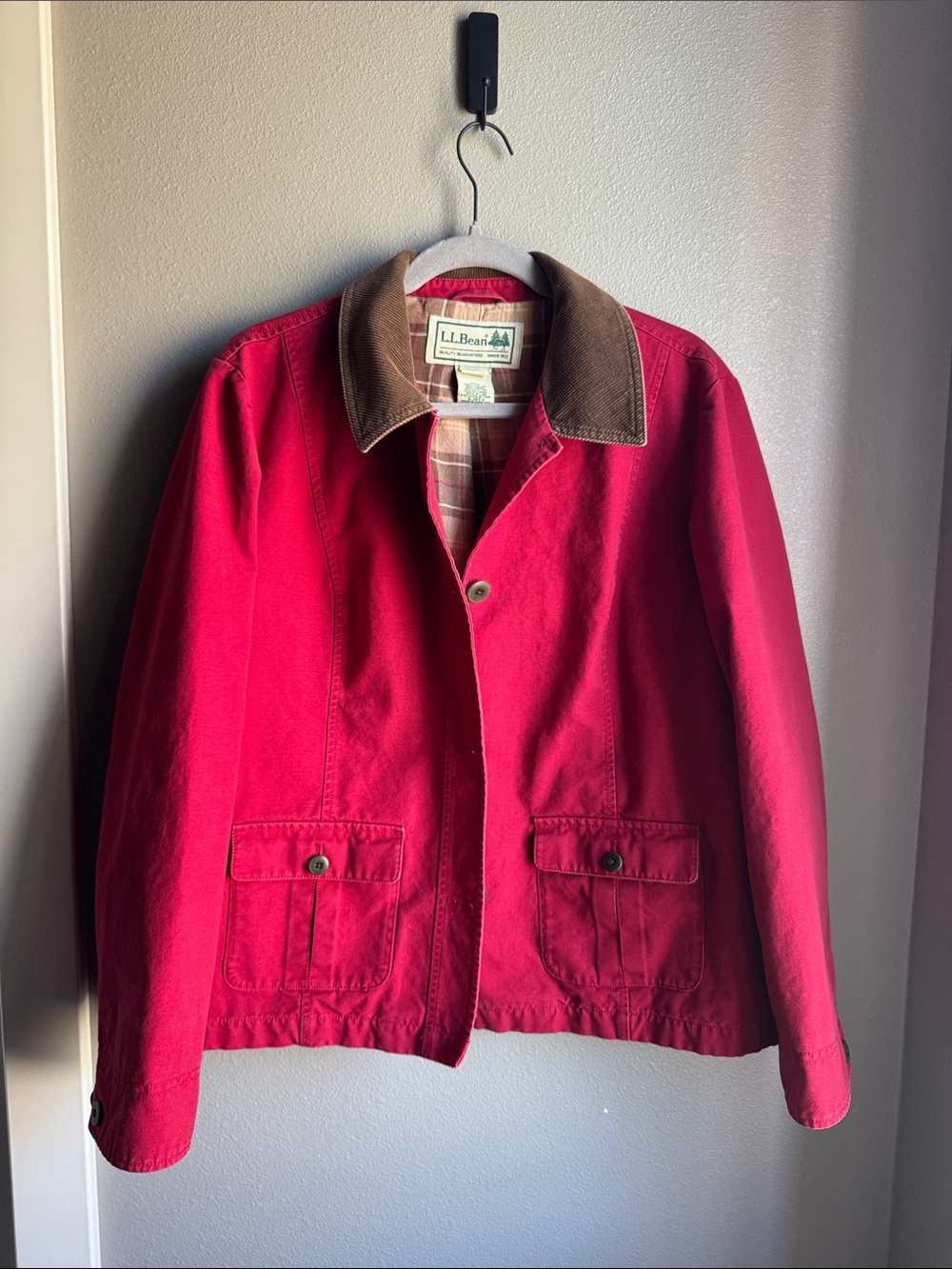 L.L. Bean Women's  Red Barn Jacket with Brown Corduroy Collar, Size LP. - Picture 2 of 9